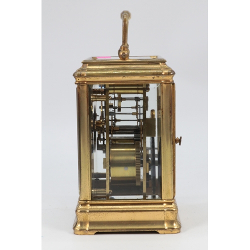 78 - Brass French striking carriage clock, the movement stamped H&J (Henri Jacot) Paris, serial number 95... 