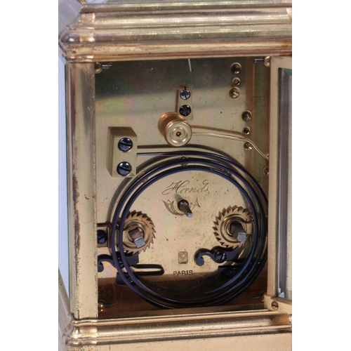 78 - Brass French striking carriage clock, the movement stamped H&J (Henri Jacot) Paris, serial number 95... 