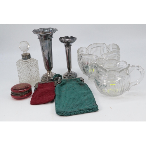 93 - Two silver (weighted) posy vases together witha silver collared glass scent bottle, cut glass jug an... 