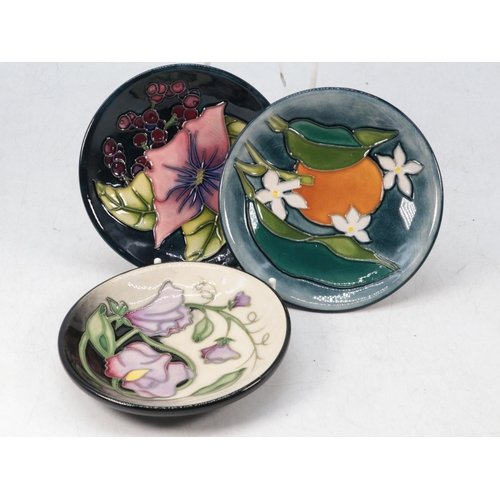 97 - Moorcroft 3 small dishes in California: floral and sweet pea design, fully marked underneath