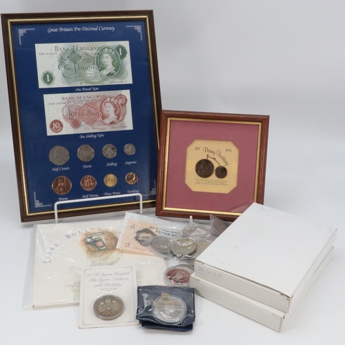 121 - Framed GB pre-decimal currently including one pound and 10 shilling note, quantity of commemorative ... 