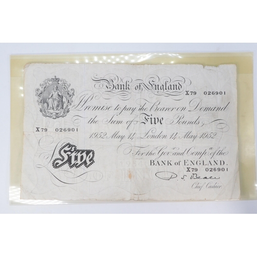 160 - Vintage Five pound white note, selection of other bank notes to include Yugoslavia dinar, pound note... 