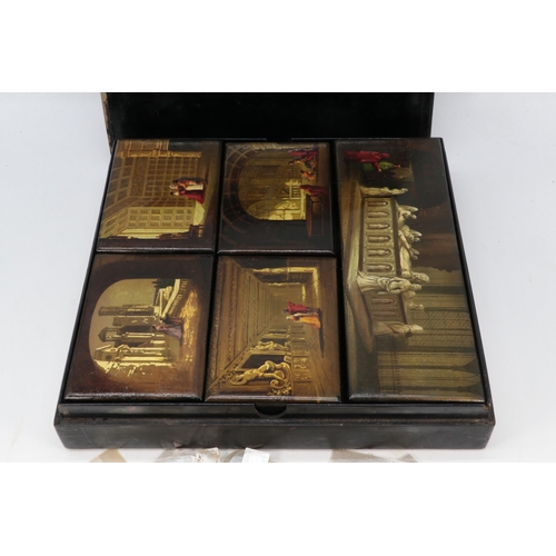 104A - Antique oriental lacquered box compartmentised with inner boxes, games box? with painted neo classic... 