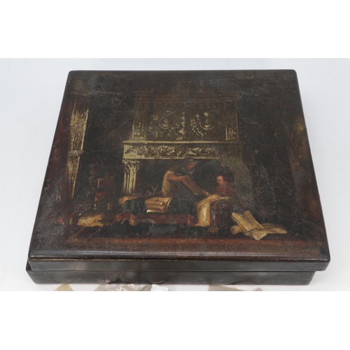 104A - Antique oriental lacquered box compartmentised with inner boxes, games box? with painted neo classic... 