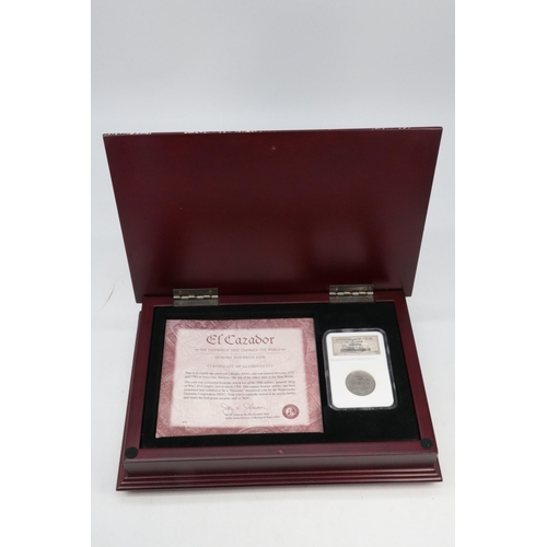 153 - El Cazador genuine shipwreck coin with certificate of authenticity encapsulated in presentation box