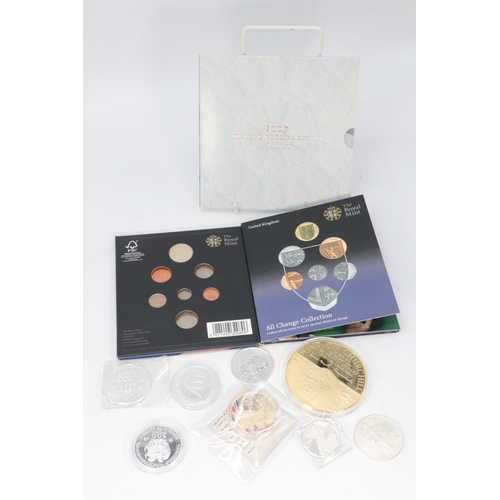 154 - Two Royal Mint All change collection shields together with 2007 Diamond Wedding Crown, and other coi... 