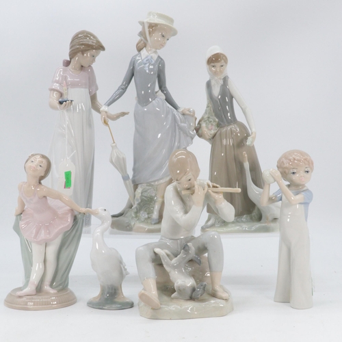 324 - Seven figures to include 2 Lladro figurines together with three Nao figurines and two other similar ... 