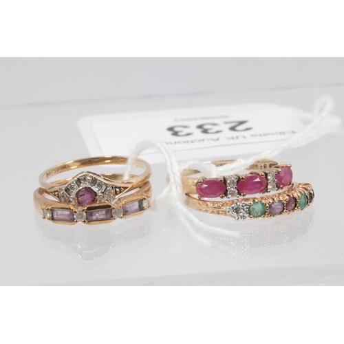 233 - Four rings to include Ruby 3 stone and diamond line ring, an amethyst and diamond line ring, 