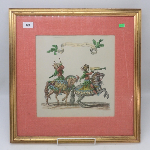 121 - Framed 19th Century prints of Persian trumpet player and drummer, picture in mount measures approx. ... 