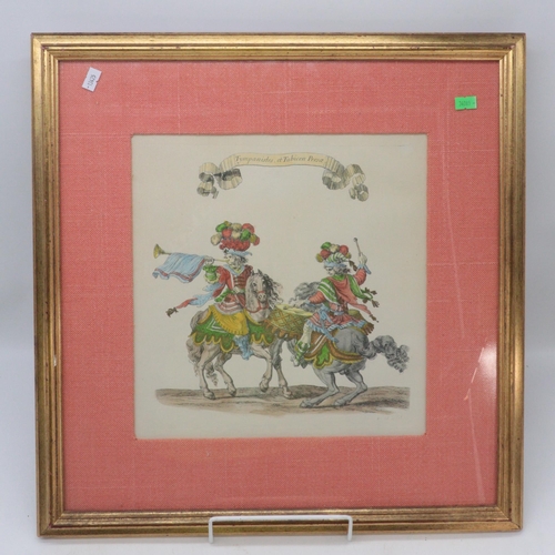 121 - Framed 19th Century prints of Persian trumpet player and drummer, picture in mount measures approx. ... 