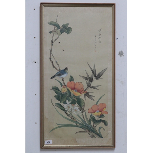 125 - Framed Oriental picture together with a silk embroidered panel