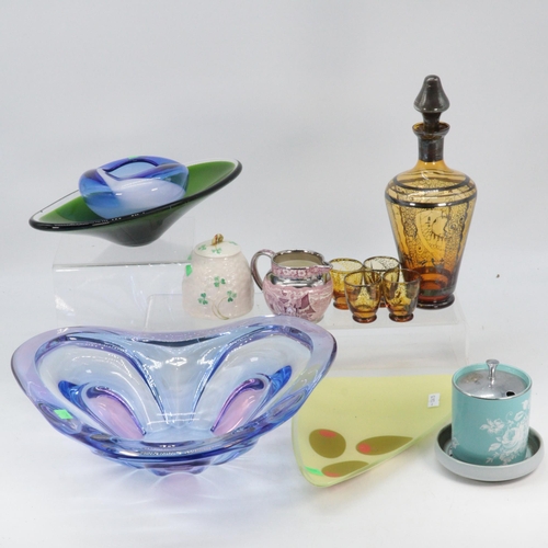 325 - A selection of art glass, a silver overlaid decanter and four glasses,  a Belleek honey pot, Wedgwoo... 