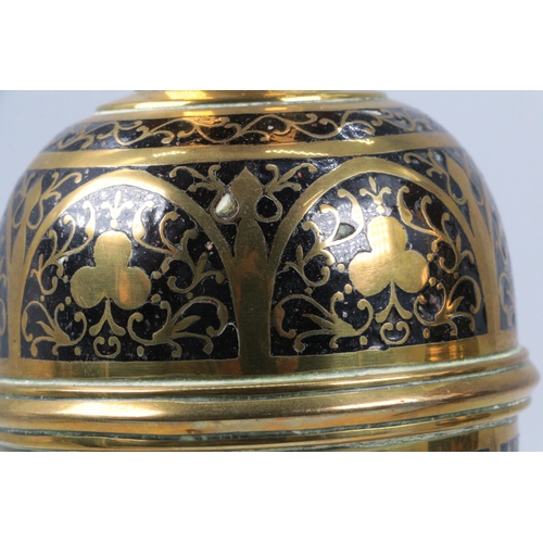 81 - A pair of Brass urns with enamel decoration (examine)