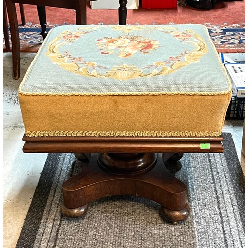 679 - Mahogany tapestry stool with castors, top approx. 49cm x 49cm x 45cm high