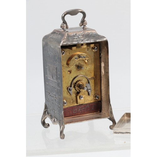 12A - Silver cased miniature bracket clock with removable back, impressed makers mark to movement Child an... 