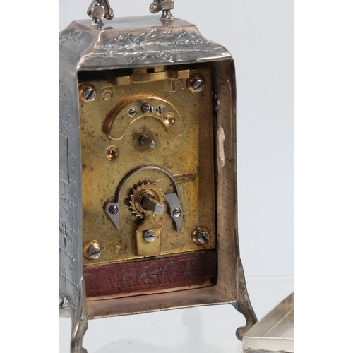 12A - Silver cased miniature bracket clock with removable back, impressed makers mark to movement Child an... 