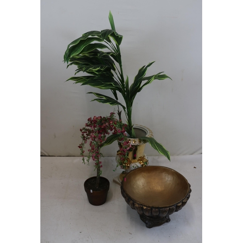 277 - Metal pan stand together with an artificial yucca and a ceramic plant stand with artificial plant et... 