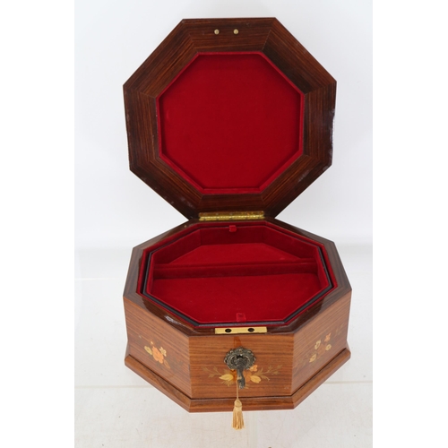 346 - Italian wooden and inlaid hexagonal jewellery box with key