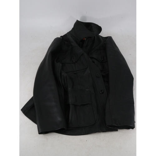 270 - Harrison Peters leather jacket in black together with a vintage brown leather jacket size 46 and a v... 