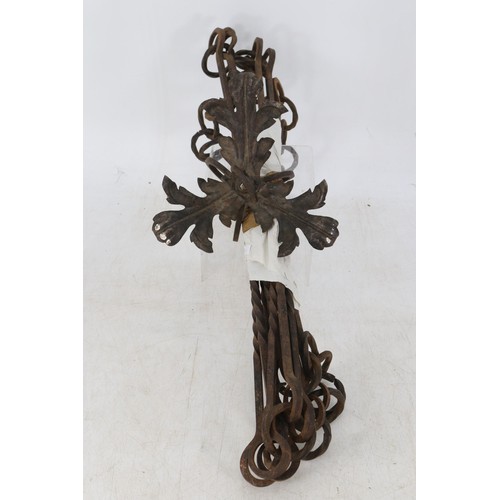 368 - Art Deco era standard lamp/side table together with a six branch wrought iron chandelier for rewirin... 