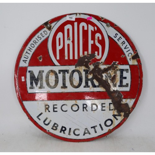 144 - A double-sided Price's Motorine enamel sign (note wear and damage) - measures approx. 61cm dia.