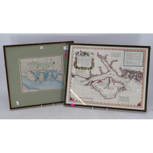 300 - Five graduated candlestick lamps together with four framed maps Essex, Beaulieu River, Portsmouth an... 