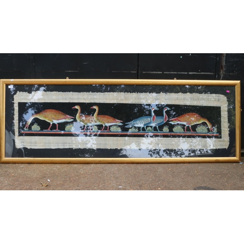 377 - Large screen print and painting of Geese on Papyrus measures approx. 213cm x 73cm