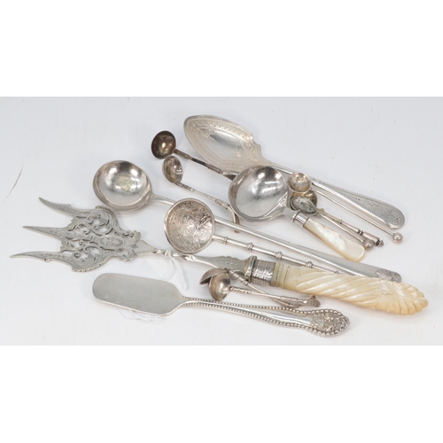 28 - Selection of decorative silver plated cutlery to include 4 silver hallmarked mustard spoons with gol... 