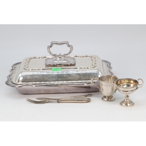 34 - Silver plated tureen, together with two silver hallmarked trophies, a silver butter knife and a whit... 