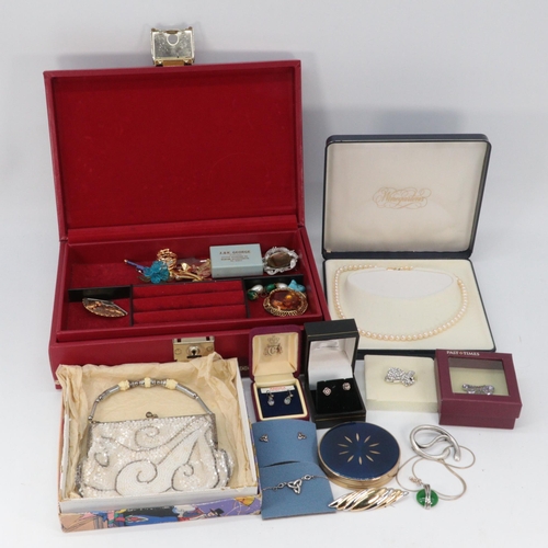 337 - A red rexine jewellery box with a selection of costume jewellery, an evening bag, silver and jade pe... 