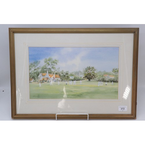 372 - Signed (indistinct) watercolour depicting a cricket match, frame measures approx. 54cm x 39cm