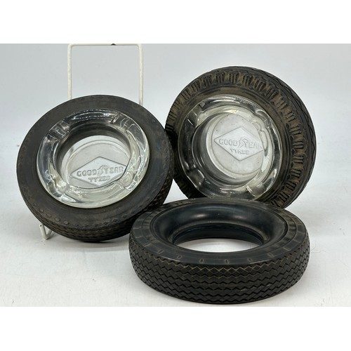 367A - Two goodyear glass ashtrays with tyre surrounds together with a spare tyre