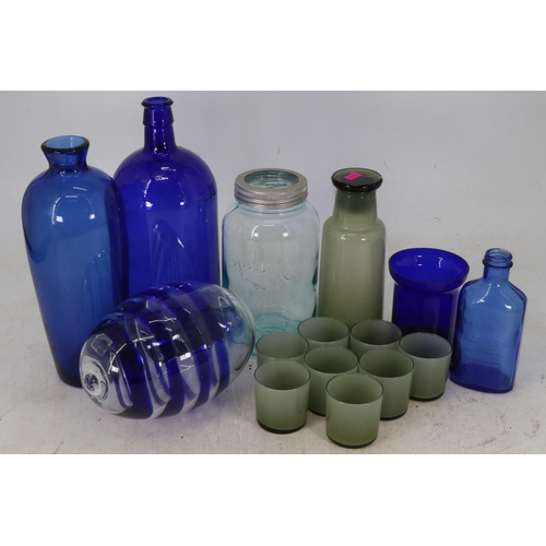 37 - Scandinavian? decanter with eight matching tumblers. Blue glass bottles and other glass.