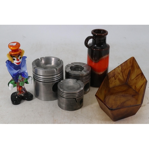 43 - Three pistons converted to ash trays together with a west German vase, Murano clown and a deco glass