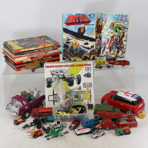 52 - Corgi The Monkeys mobile, other Diecast vehicles, Tonka truck. 
Also a selection of annuals