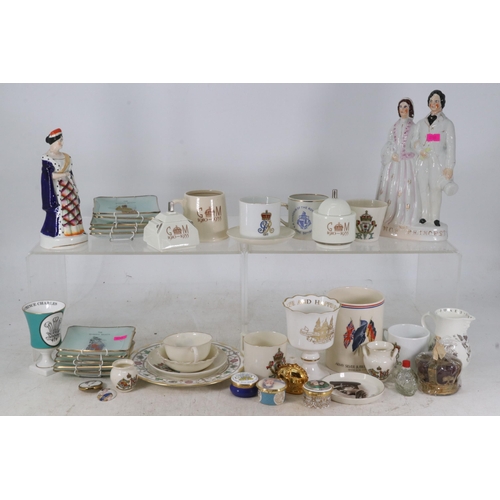 53 - Two Antique staffordshire figure groups together with a selection of Royal commemorative items.