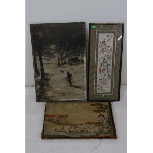 67 - A selection of framed pictures including oriental, silk embroidered, an abstract oil on canvas of a ... 