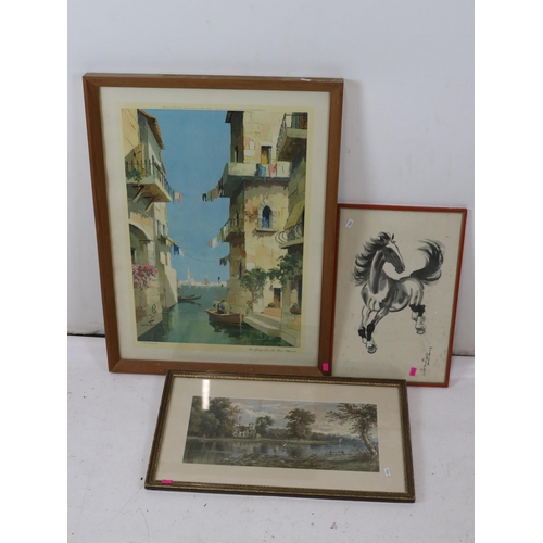 149 - Framed print of San Giorgio together with a oriental horse picture and a watercolour of an Abbey