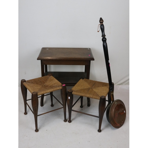 180 - Small oak side table, two club legged stools together with a copper bed pan