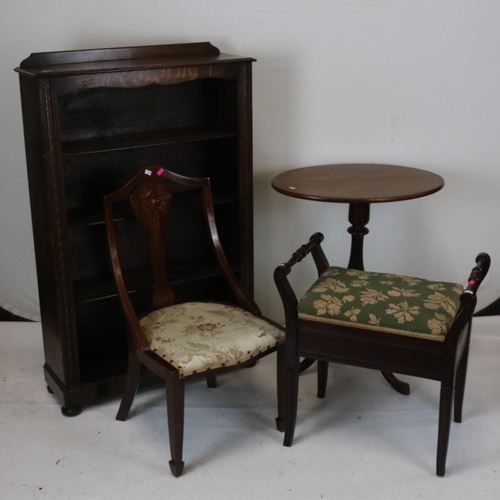 187 - Small chair, tilt top table, piano stool and a small bookcase