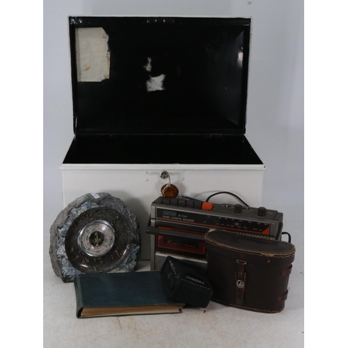 197 - Painted cash box with key together with assorted sundries including a barometer, Amstrad radio casse... 