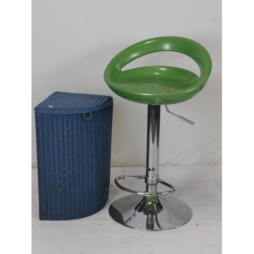 202 - Lloyd loom style laundry basket together with a green bar stool