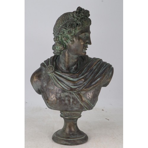 21 - Patinated bronze finish bust of Apollo measures approx. 51.5cm tall