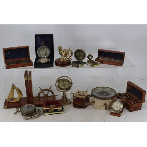 88 - A quantity of nautical themed reproduction items to include sextant, bosuns whistle, bookends, nutcr... 