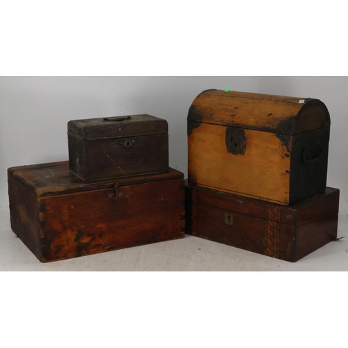 116 - A vintage dome topped trunk of small proportions, together with an old pine workbox, a writing slope... 