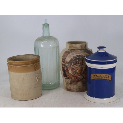 375 - Chemists gum Acaciae lidded storage jar (A/F) together with two stone jars with armorials and a pois... 