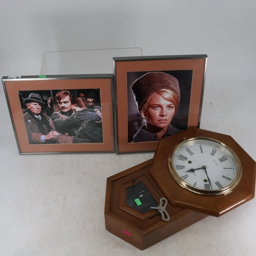 377 - A contemporary Seiko wall clock together with two signed Framed pictures Omar Sherif, Geraldine Chap... 