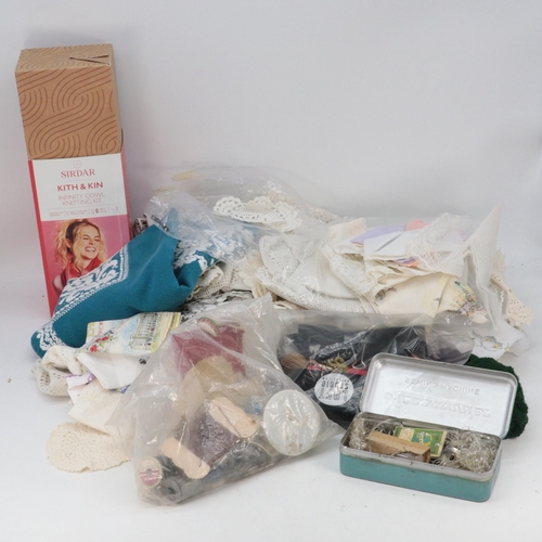 378 - Quantity of lace, bobbins and sewing accessories