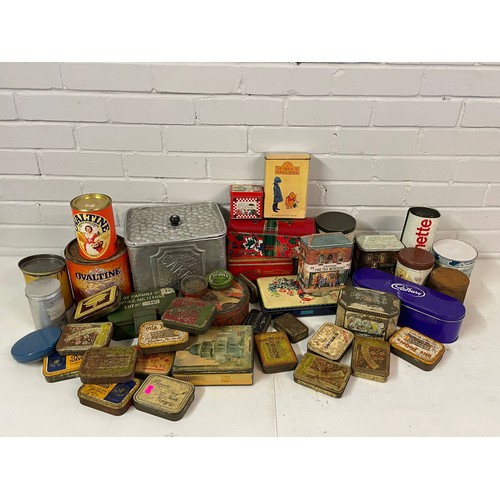 393 - A carton of vintage tins; tobacco, biscuits, etc. Also included are a couple of military tins, Natio... 