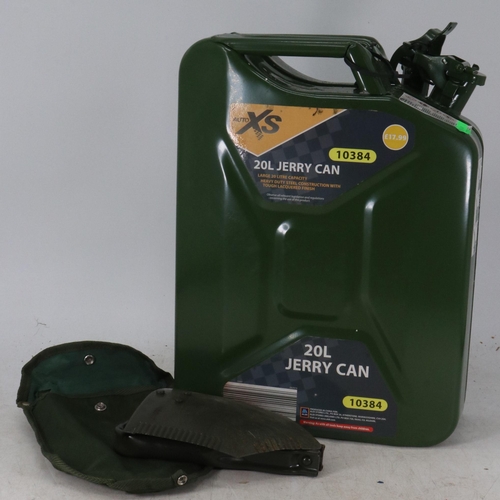 399 - A 20l metal green painted jerry can together with a fold up shovel in pouch